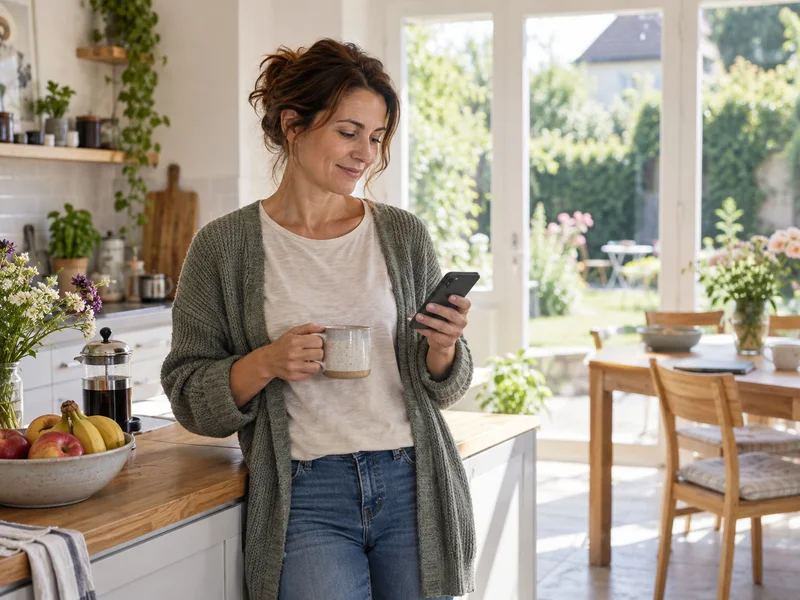 Una madre revisa un teléfono en casa y parece tranquilamente aliviada