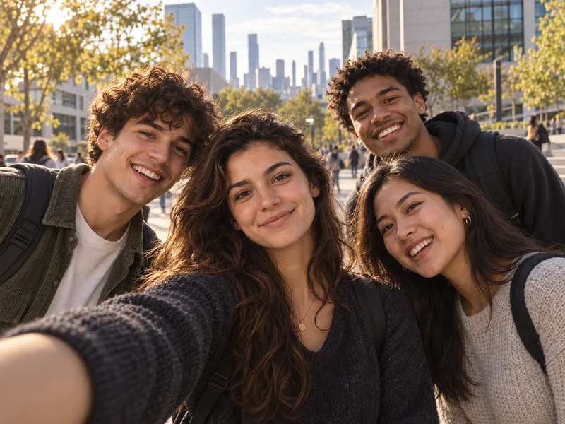 A student takes a selfie with new friends on a big-city campus